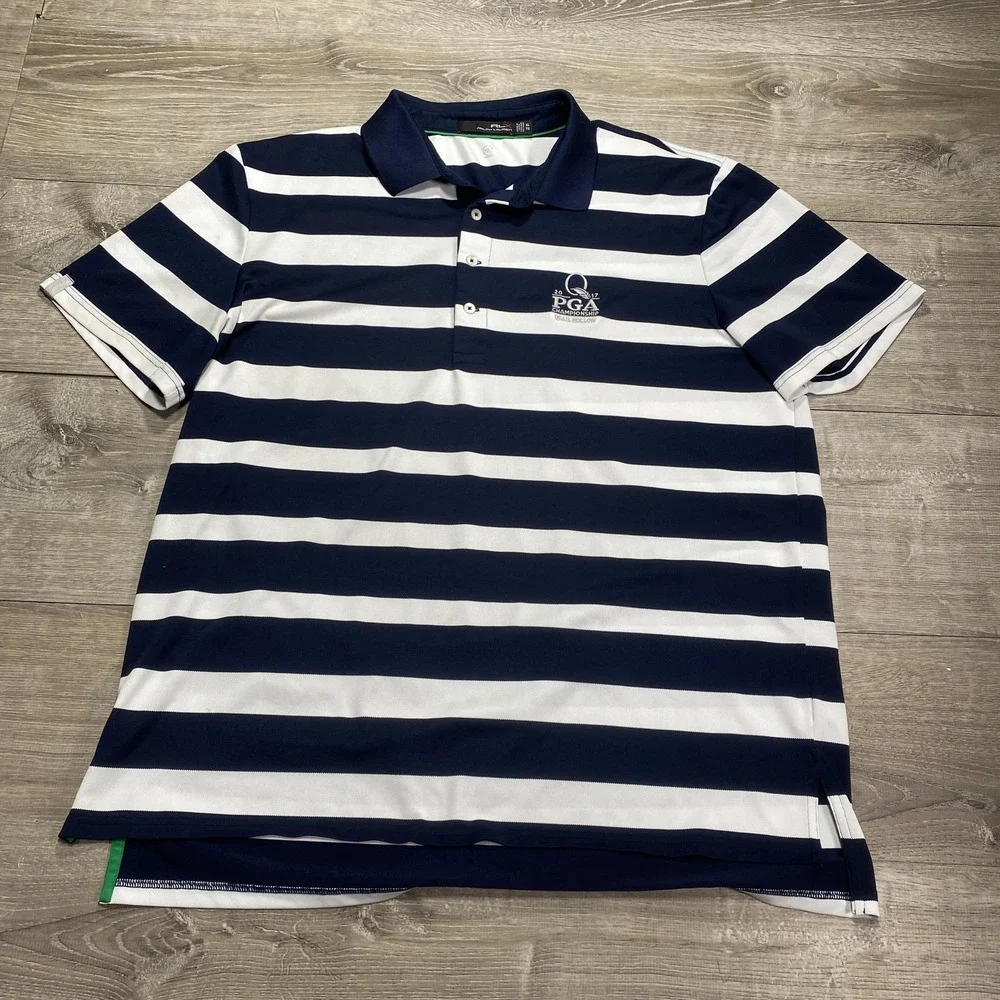 Ralph Lauren RLX Polo Shirt Mens XL Navy White Stripe PGA Championship Golf 2017